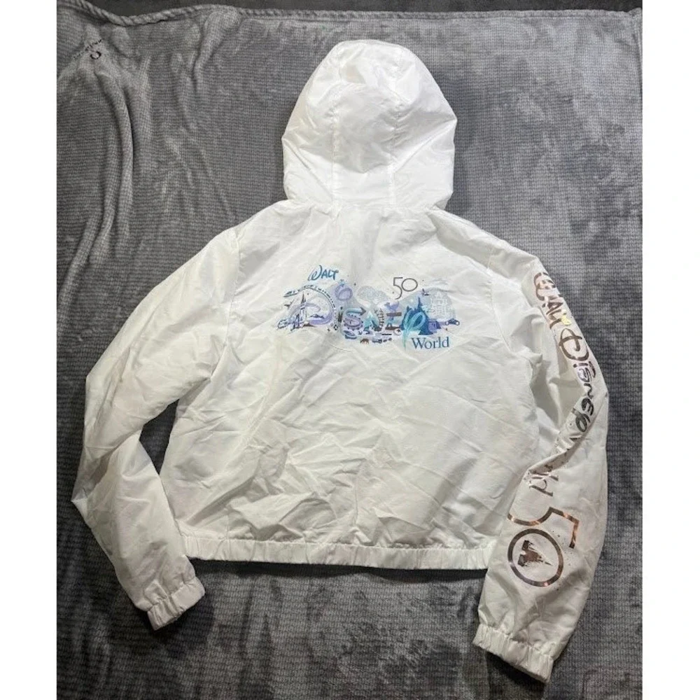 Disney World 50th Anniversary Windbreaker Jacket White Iridescent Rose Gold L